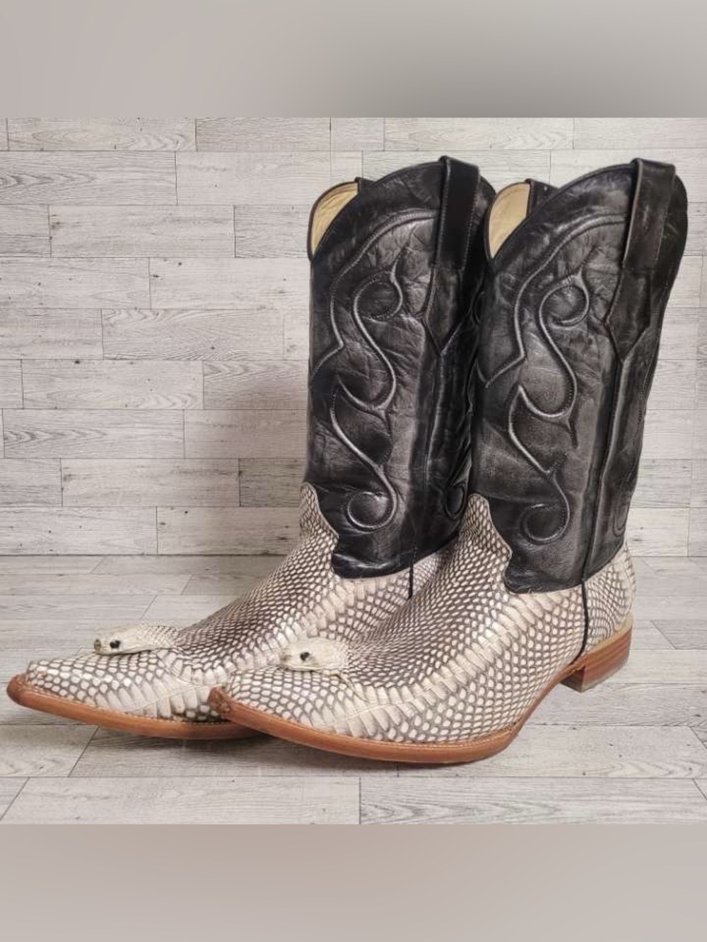 Men's 13 Exotic Cobra Snake Head Snakeskin Leather Cowboy Boots White Diamond